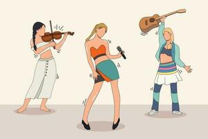 femmes musicien groupe, Dame activité personnages dessin animé ,branché un ligne dessiner conception vecteur illustration