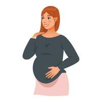 souriant Jeune femme émouvant ventre excité avec grossesse. maternité concept. vecteur illustration.