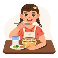 bébé fille mange bouillie pour petit déjeuner. enfant nutrition. plat vecteur illustration