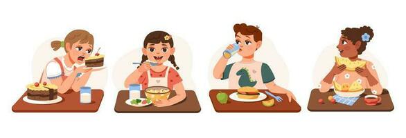 les enfants à une repas. garçon et les filles manger en bonne santé fait maison aliments. le des gamins sont ayant petit déjeuner. enfant nutrition. plat vecteur illustration
