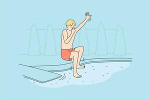 sport, amusant, des loisirs, vacances, vacances concept. Jeune content de bonne humeur enfant enfant garçon adolescent dessin animé personnage sauter dans l'eau nager bassin. été des loisirs marrant actif mode de vie illustration. vecteur