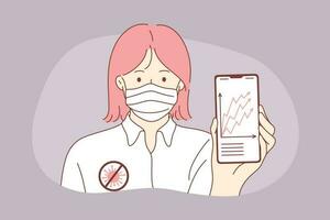 statistiques, corona virus, danger croissance concept. Jeune femme fille avec médical visage masque montrant covid2019 infection augmenter sur téléphone intelligent afficher. 2019-nCoV épidémie et la maladie diffusion illustration vecteur