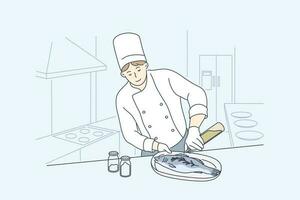 mer, cuisine, cuisson, poisson concept. Jeune homme ou garçon professionnel cuisinier chef dessin animé personnage en train de préparer Saumon ou truite à restaurant ou café. cuisine en bonne santé végétalien ou végétarien nourriture illustration. vecteur