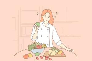 santé, végétalien, nourriture, cuisine concept. femme fille cuisinier végétarien dessin animé personnage permanent avec en bonne santé nourriture des fruits et des légumes à Accueil restaurant. en bonne santé mode de vie et correct nutrition ou régime vecteur