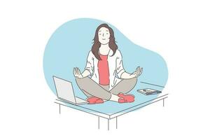 pleine conscience, méditation, mental santé concept. content affaires femme ou Jeune fille méditer sur le bureau dans le bureau. vecteur plat conception.