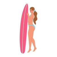 magnifique femme dans maillot de bain avec planche de surf. plage surfeur fille. actif été, en bonne santé mode de vie, surfant, été vacances concept vecteur