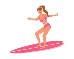 magnifique femme dans maillot de bain sur planche de surf. plage surfeur fille. actif été, en bonne santé mode de vie, surfant, été vacances concept vecteur
