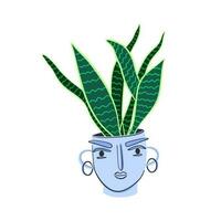 sansevieria plante d'appartement. à l'intérieur hétéroclite plante dans pot de fleur. ancien grec style tête comme une pot de fleur. main tiré plat style vecteur illustration.