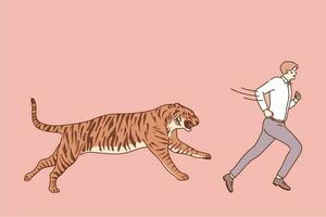 entreprise, mental stress, danger, panique concept. Jeune effrayé terrifié homme d'affaire employé de bureau directeur personnage fonctionnement de dangereux animal mammifère prédateur tigre. s'échapper de difficulté illustration. vecteur