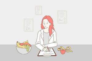 équilibré régime pour poids contrôle concept. diététicien l'écriture en bonne santé nutrition plan comprenant Frais des fruits à du quotidien menu, nutritionniste prescrire végétarien régime. Facile plat vecteur