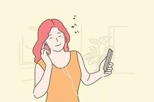 femme écoute à la musique concept. Jeune content souriant fille adolescent dessin animé personnage en portant mobile téléphone et jouit musical Chansons du son dans écouteurs et ayant amusement. loisir temps et Accueil des loisirs vecteur