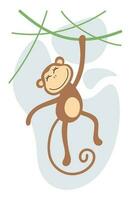 mignonne dessin animé singe pendaison sur vigne. dessin africain bébé sauvage animal singe. gentil souriant jungle safari chimpanzé. vecteur eps Créatif graphique main tiré chimpanzé impression