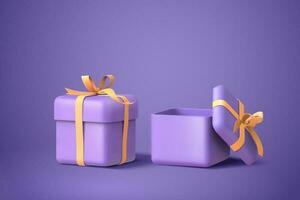 3d illustration de deux violet cadeau des boites avec arcs et rubans, isolé sur violet Contexte vecteur