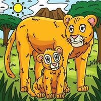 mère Lion et bébé Lion coloré dessin animé vecteur