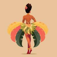 arrière vue de plume coiffure portant brésilien femelle personnage dans permanent pose sur pêche Contexte. carnaval ou samba Danse concept. vecteur