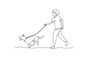 Célibataire une ligne dessin animaux domestiques courir avec leur les propriétaires. Urbain animal de compagnie concept. continu ligne dessiner conception graphique vecteur illustration.