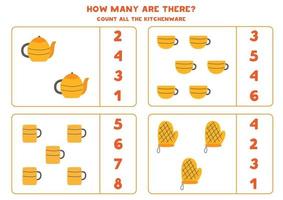jeu de comptage avec feuille de calcul mathématique des articles de cuisine vecteur