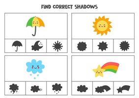 trouver l'ombre correcte des événements météorologiques kawaii mignons jeux de cartes à pince imprimables pour enfants vecteur