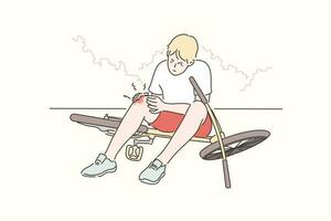 traumatisme, sport, vélo, douleur, colère concept. Jeune triste en colère garçon adolescent dessin animé personnage est tombée vers le bas de bicyclette et eu blessé le genou douloureusement. été vacances des loisirs actif mode de vie illustration. vecteur