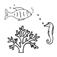 vecteur illustration de mer vie. ensemble avec griffonnage marrant mer animaux. coloration page pour des gamins