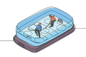 patinoire de hockey sur glace à dessin en ligne continue avec deux joueurs sur l'écran du smartphone. hockey sur glace mobile. compétition de jeux de sport d'équipe en ligne. dynamique une ligne dessiner illustration vectorielle de conception graphique vecteur