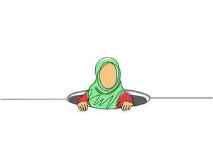 une seule ligne continue dessinant une femme d'affaires arabe essayant de sortir du trou, métaphore pour faire face à un gros problème. luttes commerciales. la force du succès. une ligne dessiner illustration vectorielle de conception vecteur