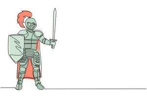 une seule ligne continue dessinant un chevalier médiéval en armure, cape et casque avec plume. guerrier du moyen-âge debout, tenant un bouclier et une épée levée. figure de chevalerie. vecteur de conception de dessin d'une ligne
