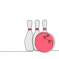 une seule ligne dessinant une boule de bowling et des épingles. équipement sportif. jeu de quilles. goupilles qui écrasent la balle. grève concept de loisirs de bowling. illustration vectorielle graphique de conception de ligne continue moderne vecteur