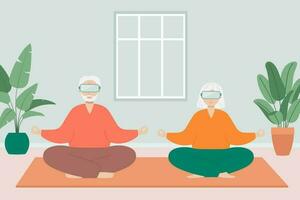 Sénior homme et femme asseoir jambes croisées et méditer portant vr lunettes. vieux homme et femme faire Matin yoga ou respiration des exercices à maison. vecteur illustration