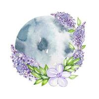 main tiré illustration de lune avec lilas fleurs, fleur lune, aquarelle vecteur