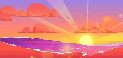 dessin animé paysage marin avec le coucher du soleil sur horizon vecteur