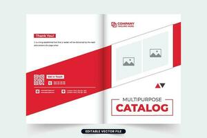 produit vente brochure couverture conception pour commercialisation. polyvalent produit catalogue et affaires promotionnel magazine couverture avec photo espaces réservés. produit catalogue brochure couverture avec rouge et foncé couleurs. vecteur