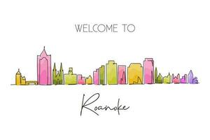 une seule ligne continue dessinant les toits de la ville de roanoke, virginie. beau repère. monde paysage tourisme voyage maison décoration murale affiche impression art. illustration vectorielle de conception graphique dynamique à une ligne vecteur