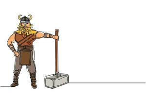 une seule ligne continue dessinant un viking masculin avec un physique fort et des stands d'air belliqueux tenant un marteau. guerrier norseman portant un casque à cornes avec barbe tenant un marteau. vecteur de conception de dessin d'une ligne