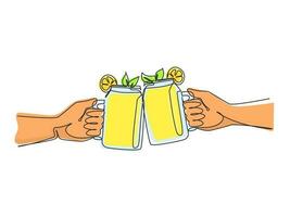 une seule ligne continue dessinant un gros plan de deux mains tenant un cocktail de limonade dans des bocaux en verre et des toasts. sympathique traîner dans le parc de la ville. vacances d'été et pique-nique. vecteur de conception de dessin d'une ligne