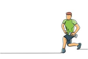 une seule ligne dessinant un jeune homme en vêtements de sport faisant des exercices dans la salle de gym. homme faisant des squats au gymnase. Classe de fitness. entraînement sportif pour homme. mode de vie sain. vecteur graphique de conception de dessin en ligne continue