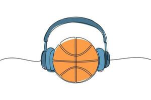 une seule ligne dessinant un ballon de basket avec un casque. concept d'icône de sport de commentateur de basket-ball isolé. style de dessin animé plat adapté au web, à la bannière, à l'autocollant. vecteur de conception de dessin en ligne continue