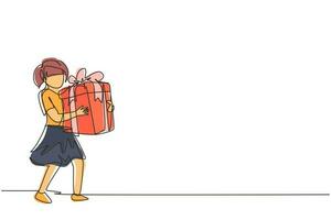dessin continu d'une ligne mignonne petite fille marchant et étreignant une grande boîte-cadeau enveloppée d'un arc de ruban. l'enfant porte un cadeau de vacances avec un grand arc rouge dans ses mains. illustration vectorielle de dessin à une seule ligne vecteur