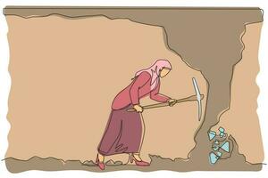 une seule ligne continue dessinant une femme d'affaires arabe creusant avec une pioche pour obtenir un diamant. travailleur creusant et extrayant du diamant dans un tunnel souterrain. une ligne dessiner illustration vectorielle de conception graphique vecteur