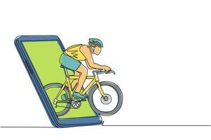 un coureur de vélo homme dessinant une seule ligne continue améliore sa vitesse lors de la séance d'entraînement en sortant de l'écran du smartphone. matchs de sport mobile. application de jeu de vélo en ligne. vecteur de conception de dessin d'une ligne