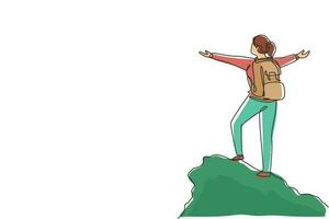une seule ligne continue dessinant une femme grimpeuse se tient les bras tendus au sommet de la montagne. concept de motivation gagnant. touriste avec sac à dos. voyageur dans les rochers d'été. vecteur de conception de dessin d'une ligne