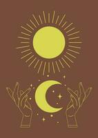 rétro Soleil et lune avec mains impression illustration. tarot carte minimaliste vecteur art. esthétique lumière du soleil et minuit impression bohémien ouvrages d'art, vecteur