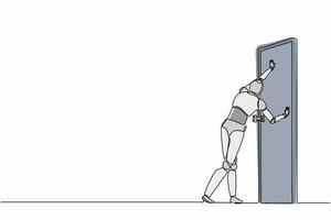 robot de dessin d'une seule ligne debout et poussant la porte fermée. développement technologique futur. intelligence artificielle et processus d'apprentissage automatique. illustration vectorielle graphique de conception de ligne continue vecteur