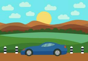 bleu voiture sur le route contre le toile de fond de le collines et le en hausse Soleil. vecteur illustration.
