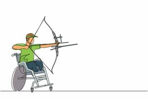 dessin continu d'une ligne archer handicapé athlète masculin visant avec un arc de sport. équipement de sport de tir à l'arc pour les athlètes. archer handicapé visant une flèche. graphique vectoriel de conception de dessin à une seule ligne