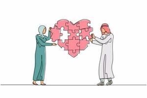 une seule ligne continue dessinant un couple d'amoureux arabe debout et formant un énorme puzzle de coeur à partir de pièces ensemble. aimer le concept de convivialité et de romance. une ligne dessiner illustration vectorielle de conception graphique vecteur