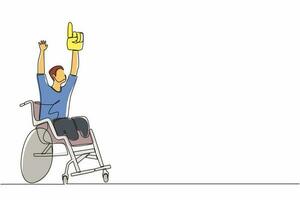 une seule ligne dessinant un jeune homme handicapé heureux en fauteuil roulant célébrant la victoire de l'équipe de football. fan de football en fauteuil roulant. championnat de jeux. vecteur graphique de conception de ligne continue