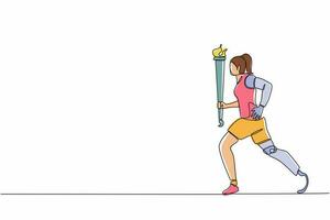 une seule ligne dessinant un jeune athlète avec une jambe prothétique tenant une torche. sportive handicapée participant à la cérémonie d'ouverture du tournoi sportif. vecteur graphique de conception de ligne continue