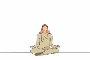 dessin en ligne continue unique homme d'affaires arabe faisant du yoga. employé de bureau assis dans une pose de yoga, méditation, détente, calme et gestion du stress. une ligne dessiner illustration vectorielle de conception graphique vecteur