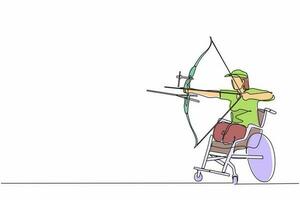 dessin en ligne continue unique athlète féminine archer handicapée visant avec un arc de sport. équipement de sport de tir à l'arc pour les athlètes. handicapé archer femme visant une flèche. une ligne dessiner vecteur de conception graphique